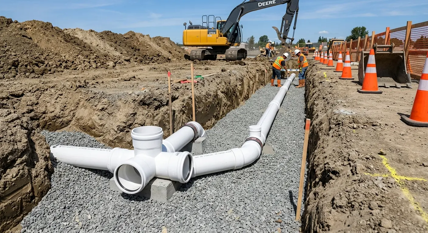 New PVC sewer pipe installation in open trench for Sewer Backup in Dalton