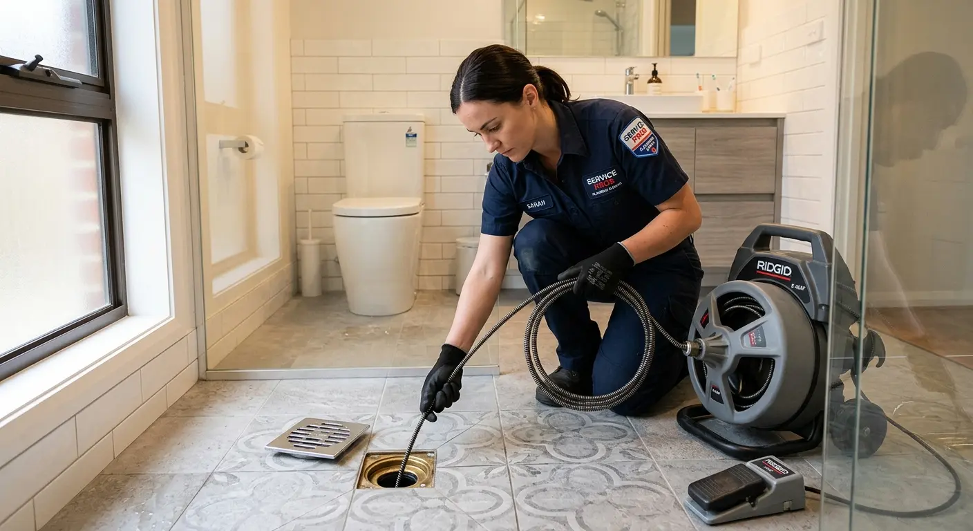 Technician clearing a bathroom floor drain for Sewer Line Replacement in Dalton
